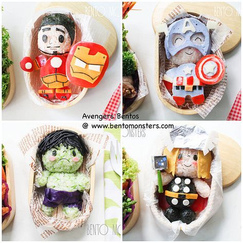 Cute Avengers!!! Bento Monsters, Kotak Bento, Bento Box Lunch For Kids, Cute Bento Boxes, Box Lunches, Kawaii Bento, Bento Lunches, Food Art For Kids, Cute Bento