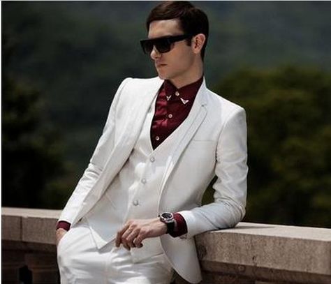 Super different from the ones before but like the idea of a red undershirt (Costume) White And Red Suit Men Wedding, White And Red Groom Suit, White And Red Tuxedo Wedding, Red Wedding Suit With Suit Collar, Tailored Red Suits With Suit Collar, Dinner Suits For Men, Red Tailored Suit With Suit Collar, Formals For Men, John Dillinger