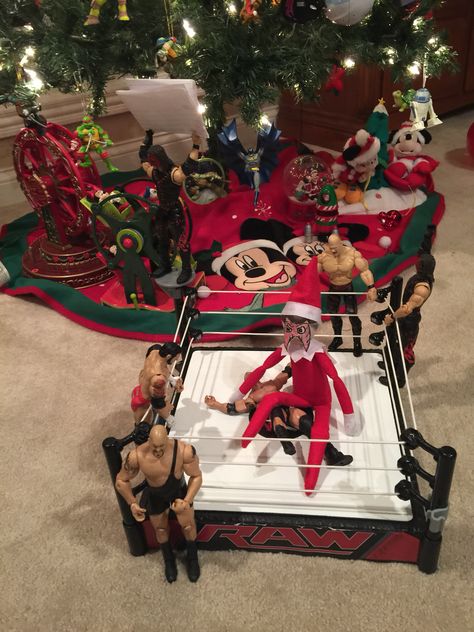 Elf with wwe wrestler Elf On The Shelf Ideas Wwe, Wlf On The Shelf Ideas For Kids For Boys, Elf On The Shelf Nativity, Elf On The Shelf Army Men, Elf On The Shelf Karate, Wwe Elf On The Shelf, North Pole Breakfast, Awesome Elf On The Shelf Ideas, Diy Cans