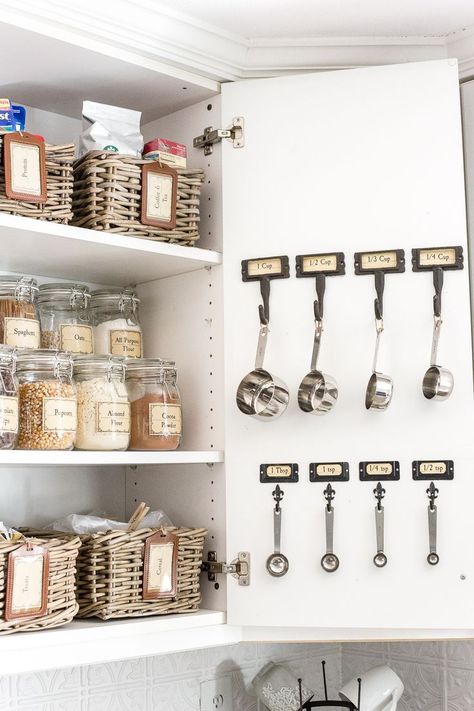 Pantry Cabinet Organization and Free Printable Label Set | blesserhouse.com - A cabinet gets a drastic organization makeover using inexpensive IKEA jars / baskets, hanging storage, and a free pantry label printable set. #organization #pantry #freeprintabl Pantry Cabinet Organization, Ikea Jars, Pantry Labels Printable, Free Pantry Labels, Pantry Organisation, Organized Pantry, Farmhouse Side Table, Pantry Labels, Hus Inspiration