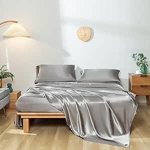 Revdomfly 4 Pcs Queen Size Luxury Silky Soft Gray Satin Sheet Set,1 Premium Moisture Wicking Fitted Sheet Fits Up to 16 Inches Deep Pocket + 1 Flat Sheet + 2 Pillowcases（Gray, Queen） Satin Bed Sheets, Silk Sheet Set, Satin Bed, Sheet Bed, Twin Bedspreads, Queen Bedspread, Silk Sheets, Satin Bedding, Deep Pocket Sheets