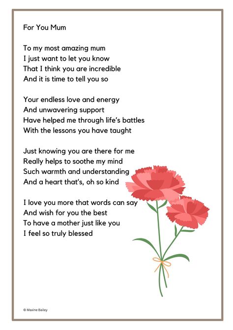 A special poem for your mum on Mother's Day to show your love and care. Not just for Mother's Day as you can show your love anytime of the year. Written from the heart. Let her know just how much you appreciate her. ❤️💜 Would look lovely printed on glossy photo paper. Simply select A4 or A5 on your printer settings upon printing Mother’s Day Essay, Things To Write For Mothers Day, Poetry For Mothers Day, Poem On Mother's Day In English, Mother’s Day Long Paragraph, Mother’s Day Thank You Notes, Short Mother’s Day Poems, Short Mother’s Day Poems For Kids, Letter For Mother's Day