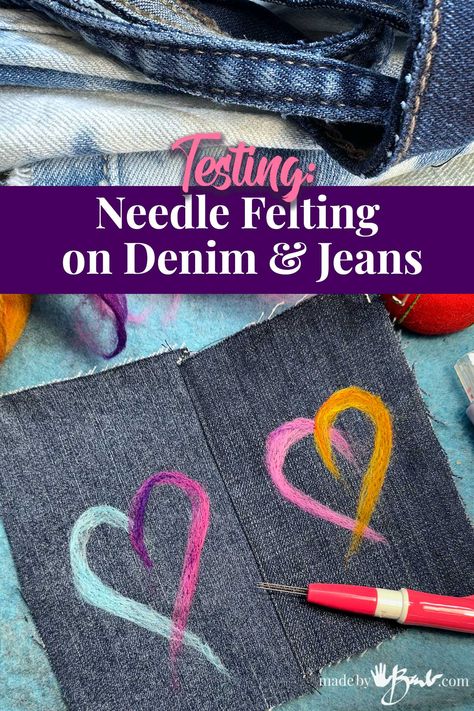 Needle Felting On Denim, Felted Wool Clothing, Needle Felting Clothing, Needle Felting On Clothes, Clothes Remake, Felted Purse, Needle Felting Tools, Denim Scraps, Finger Protector