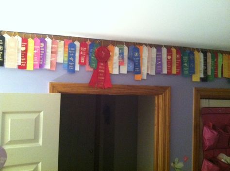 Displaying ALL those swim ribbons...cork board from office max!  Instant wallpaper border! Horse Ribbon Display, Swim Ribbons, Hobby Organization, Horse Show Ribbons, Horse Ribbons, Ribbon Display, Trophy Display, Award Display, Award Ideas