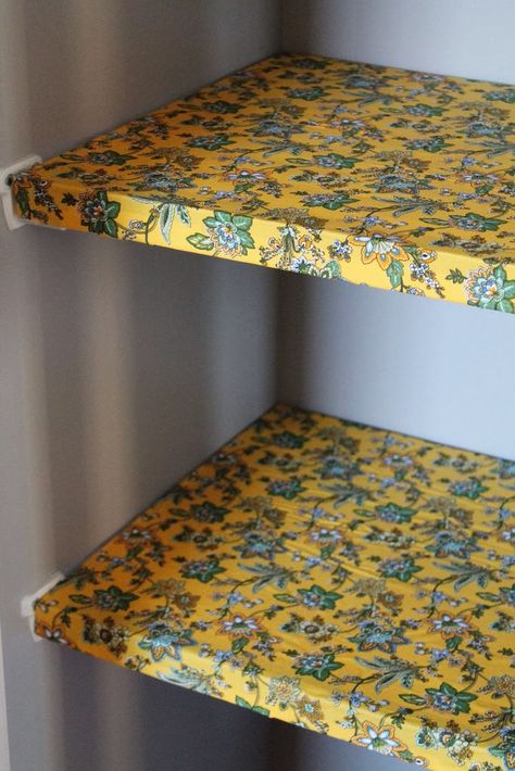 DIY Fabric Shelf Covers { For $12 } | Confessions of a New / Old Home Owner Shelf Covers, Wire Shelf Liner, Fabric Shelf, Shelf Cover, Organized Pantry, Antique Shelves, Plywood Shelves, Shelf Paper, Wire Shelves