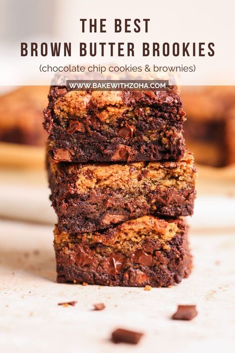 Enjoy the ultimate combination of chocolate chip cookies and fudgy brownies with this brown butter brookies recipe. Perfect for holiday baking or birthday celebrations, these brookies are rich, gooey, and incredibly easy to make from scratch. They’re perfect for a crowd and are so quick to make too. Make your dessert table unforgettable with this sweet treat! Visit bakewithzoha.com for the full recipe. Brownies And Blondies Recipes, Best Brownies From Scratch, Thick Brownies Recipes, Brookie Brownies, Bakers Chocolate Recipes, Baking Recipes Brownies, Brookies Recipe Cookie Brownies, Mini Desserts Cups, Brownie Variations