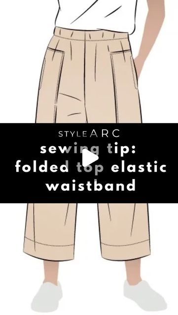 Style Arc -  Sewing Pattern Company on Instagram: "✨️How to sew a folded top elastic waistband✨️

Once you have sewn your crotch seams and side seams together, neaten the waist edge with an overlocker/serger. 

Cut the elastic to your personal length and lay one edge on top of the other and stitch together securely.

Mark the elastic in quarters with chalk so the makings will match up with the centre front, centre back and side seams, so the elastic has an even spread. Pin the elastic to the inside of the waistband matching the chalk markings to the seams.

Sew the top edge of the elastic to the inside top edge of the waist of the pant, stretching the elastic as you sew. Turn it over to the inside encasing the elastic and pin down. Topstitch around the lower edge of the elastic, stretching How To Sew Elastic Waistband, Elastic Waistband Tutorial, Pant Pattern, Style Arc, Pin Down, Sewing Elastic, Sewing Tips, Sewing Hacks, Stretching