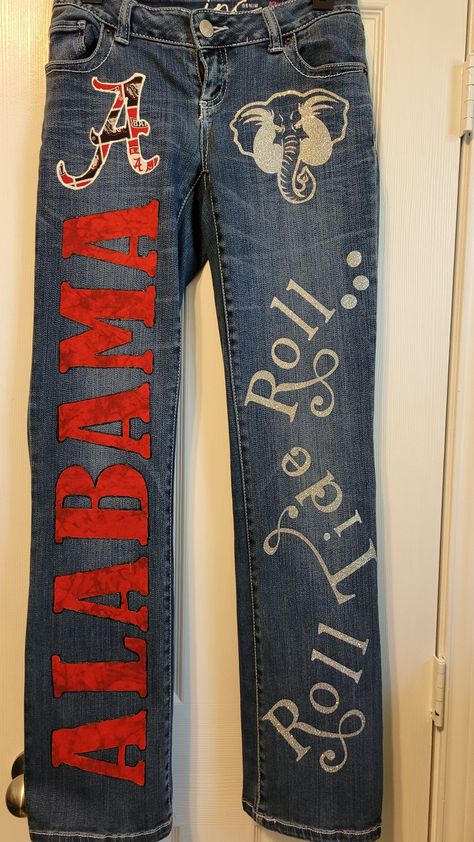 College Spirit Outfits, College Decision Jeans, Jean Painting Ideas School Spirit, Custom College Painted Jeans, College Jeans Painted, Painted Jeans School Spirit College, Graduation Jeans, Painted Jeans Diy School Spirit, Painted Jeans School Spirit Freshman