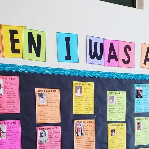 Dana | 2nd Grade Teacher on Instagram: "This “When I Was a Kid” staff bulletin board is one of my favorite bulletin boards! 😊  Staff bulletin boards are a fun way to share interesting facts about your teachers and staff members with students and families! Students and families LOVE seeing pics of teachers and staff members as kids, as well as reading about all the things that were their favorites!  Swipe 👈 to see mine up close!   For the direct link to this board, comment “staff” and I will send you a direct link to this bulletin board kit! 😊" Meet Our Staff Bulletin Board Ideas Daycare, Meet The Staff Bulletin Board Teachers, Teacher Staff Bulletin Boards, School Staff Bulletin Board Ideas, Staff Bulletin Boards Teacher Lounge, Meet The Staff Bulletin Board, Staff Bulletin Boards, High School Bulletin Boards, Teacher Bulletin Boards