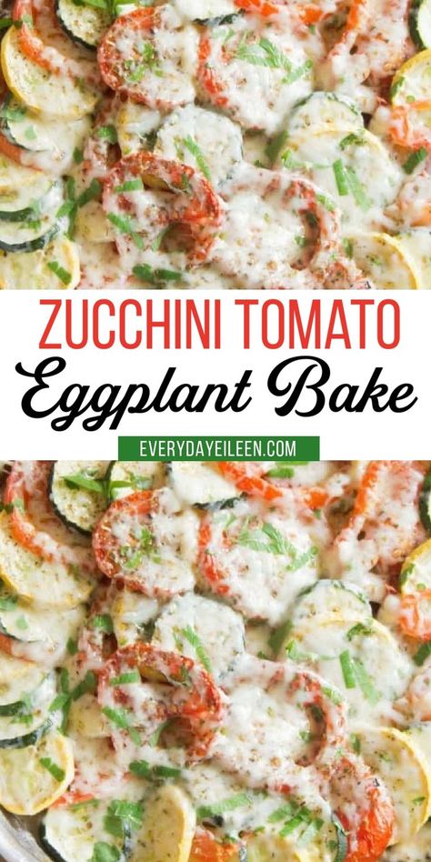 Slices of tomato, zucchini and eggplant with cheese with Pinterest overlay. Recipes With Eggplant And Zucchini, Zucchini Tomato Casserole, Eggplant Bake, Eggplant Side Dishes, Vegetable Bake Recipes, Tomato Eggplant, Eggplant Zucchini, Vegetarian Casserole, Zucchini Tomato