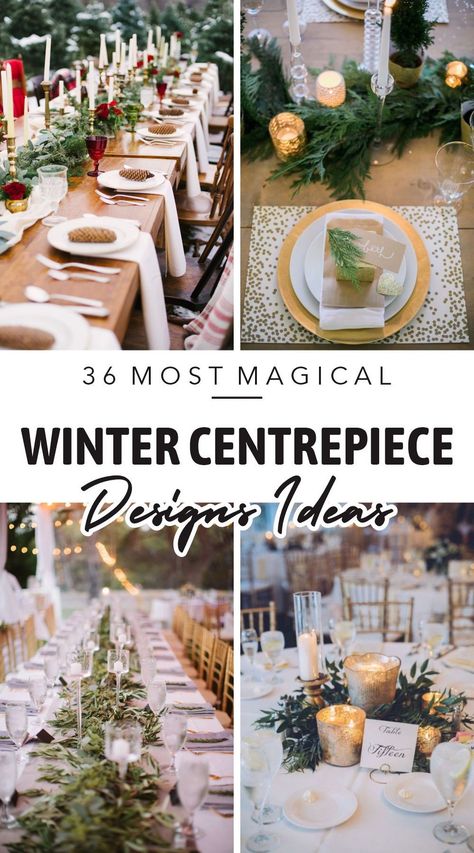 Centerpiece decoration is a helper for those of you who want to make the dining table atmosphere warmer. In order to have a dinner this winter, you can add some winter ornaments such as pine cones, pine leaves, candles, and berries. #winterdecorideas #wintercenterpieceideas #wintertabledecorideas Winter Wedding Centerpieces Table Decor, Winter Wedding Table Flowers, Winter Candle Centerpieces, Winter Greenery Centerpiece, Christmas Greenery Centerpiece, Winter Wedding Table Centerpieces, Winter Centerpieces For Table, Pine Centerpiece, Wedding Table Vases