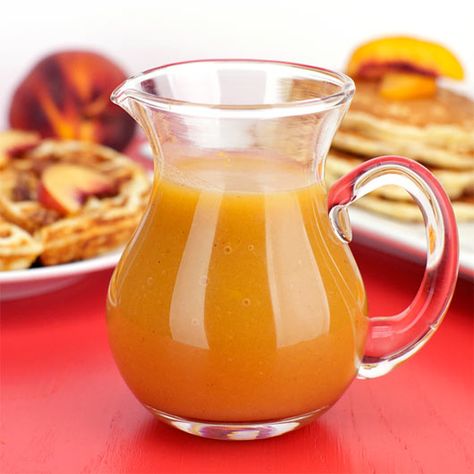 Peach Pancake Syrup Peach Syrup Recipe, Pancake Syrup Recipe, Peach Pancakes, Homemade Syrups, Sweet Sauces, Peach Syrup, Syrup Recipes, Pancake Syrup, Peach Recipes