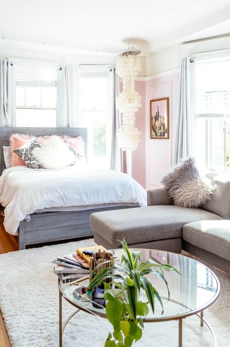 This Small San Francisco Studio Is Incredibly Bright & Stylish: gallery image 7 Small Studio Apartment Decorating, Tiny Studio Apartments, One Room Apartment, Studio Apartment Living, Modern Apartment Decor, Small Apartment Interior, Glam Bedroom, Tiny Apartments, Studio Apartment Layout