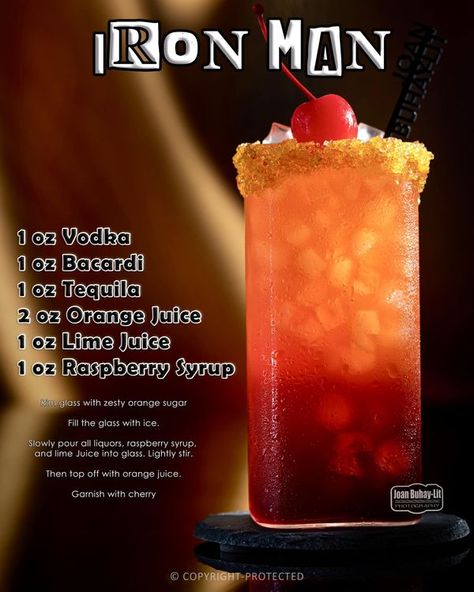 Iron Man Drink, Fruity Mixed Drinks, Bartender Drinks Recipes, Bartender Drinks, Pretty Alcoholic Drinks, Liquor Recipes, Summer Drinks Alcohol, Cocktail Drinks Alcoholic, Party Drinks Alcohol