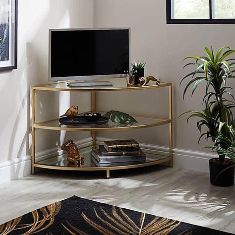 40 Inch Tv, Tv Stand Decor Ideas, Corner Tv Cabinets, Corner Tv Stands, Small Modern House Plans, Corner Tv Stand, Gold Effect, Corner Tv, Metal Furniture Design