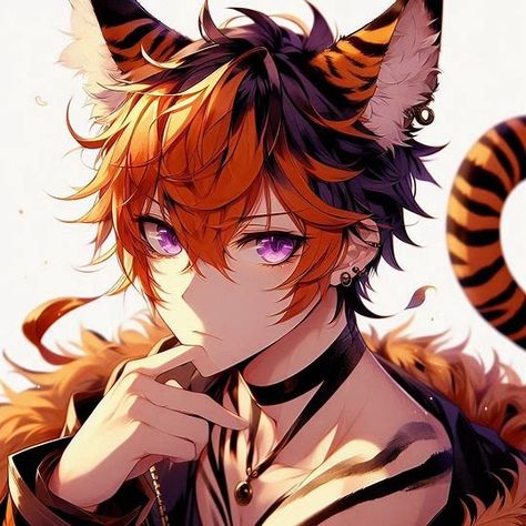 anime style, a handsome male with ""purple eyes and orange hair with black streaks"" with tiger ears and tail - Image Creator from Microsoft Designer Tiger Ears And Tail, Tiger Ears, Cosmetic Contact Lenses, Ears And Tail, Character Images, Anime Animals, Anime People, Purple Eyes, Orange Hair