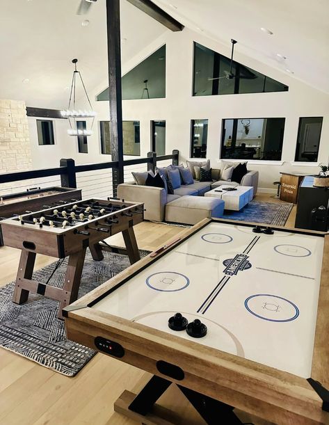 Air hockey, foosball, shuffleboard, arcade table Upstairs Loft Gameroom, Hockey Living Room, Open Concept Game Room, Long Narrow Game Room Ideas, Game Room Pool House, In House Arcade, Basment Game Room, Attic Entertainment Room Ideas, Game Loft Ideas