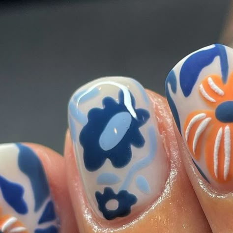 Jess Smith on Instagram: "Matisse inspired 💙  #texturednails #matisse #matisseinspired #floralnails #floralnailart #bluenails #blueandorange #handpaintednailart #sandiegonails #sandiegonailtech #sandiegonailart #sandiegonailartist" Matisse Inspired Nails, Matisse Nails, Matisse Earrings, Summa Nails, Matisse Prints Blue, Blue Matisse, Matisse Blue, Matisse Inspired, Nail Time