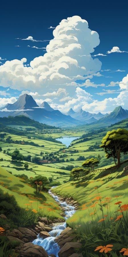 Anime-inspired River In A Green Valley: Nicholas Hely Hutchinson Art stock image Ghibi Scene, Chris Wallpaper, Nature Phone Wallpaper, Solar Punk, Samsung Mobile Phone, Animated Photos, Drawing Scenery, Studio Ghibli Background, Watercolor Art Landscape