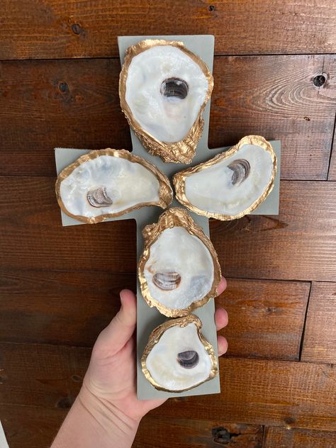 Oyster Ornament, Beachy Christmas, Religious Wall Art, Cross Gift, Shell Crafts Diy, Coastal Wall Decor, Oyster Shells, Coastal Wall Art, Shell Crafts