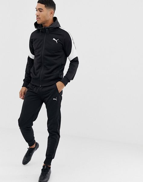 PUMA EVOSTRIPE TRACKSUIT IN BLACK - BLACK. #puma #cloth Puma Tracksuit Mens, Puma Tracksuit, Sports Technology, Sports Hero, Black Puma, Puma Mens, Tracksuit Set, Funnel, Nike Jacket