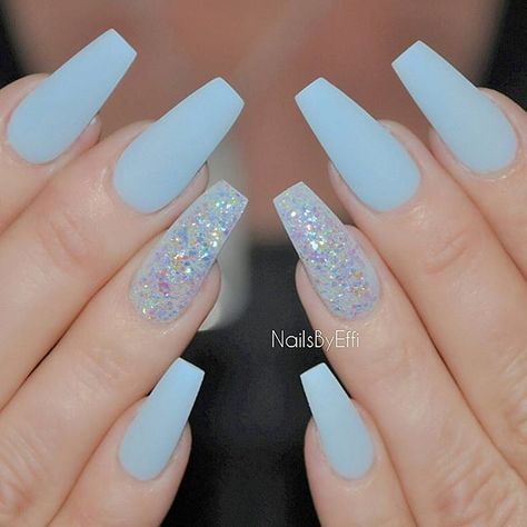 Blue pastel with dry multicoloured glitter💙 #gel #matte Blue Coffin Nails, Coffin Nails Matte, Blue Acrylic Nails, Cute Acrylic Nail Designs, White Nail, Acrylic Nails Coffin Short, Prom Nails, Coffin Nails Designs, Short Acrylic Nails