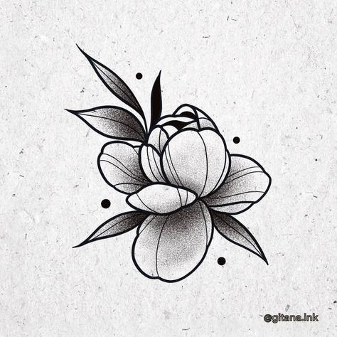 Dotwork tattoo Flower Face Tattoo Design, Small Neotraditional Tattoo Design, Simple Neotraditional Tattoo, Old School Peony Tattoo, Graphic Flower Tattoo, Flower Tattoos For Cover Ups, Simple Shaded Tattoos, Flash Tattoo Designs Neo Traditional, Blackwork Flower Tattoo Design