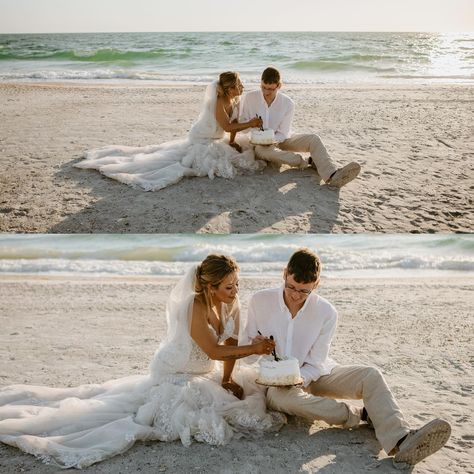 Cathrease + Josh’s intimate elopement in St. Pete was so sweet and emotional - so what better way to top off their “I Do’s” than by eating cake on the beach!? 🎂💍🏝️ I think this is what you would call “having your cake and eating it too”?! 🌞✨ p.s. I feel like I picked the best song for this post 👀 Photography: @rightupyouralliephoto Dress: @ourshopbridal Cake: @publix Florals: @sharensflowers Beach Setup + Officiant: @your_florida_beach_wedding [Florida beach wedding, beach elopement, ... Beach Vow Renewal Photo Ideas, Wedding Cake Elopement, Micro Beach Wedding, Beach Wedding Photo Ideas, Beach Elopement Ceremony, Beach Setup, Beach Elopement Ideas, Wedding Vow Renewal Ceremony, Renewal Ceremony