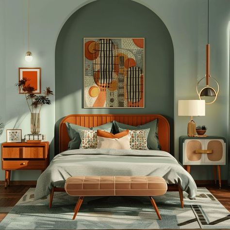 Funky Mid Century Modern Bedroom, Guest Bedroom Ideas Mid Century, Art Deco Primary Bedroom, Mid Century Maximalism Bedroom, Colorful Modern Bedroom Ideas, Minimalist Color Bedroom, Bedroom Inspirations Art Deco, Colourful Decor Ideas, Boutique Hotel Style Bedroom