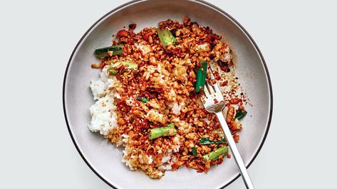 Soy and Scallion Tofu Bowl Recipe | Bon Appétit Tofu Bowl, Pho Broth, Meat Seasoning, Filling Lunch, Tofu Dishes, Lunch Bowl, Cooking White Rice, Extra Firm Tofu, Tofu Recipes