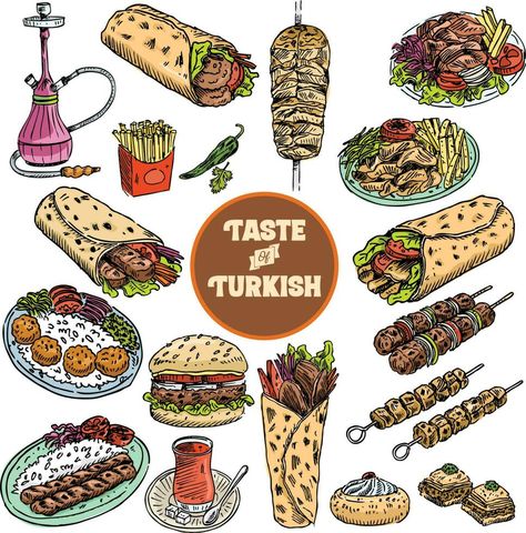 Hand drawn Turkish food, Vector Illustration stock illustration Kebab, Adana, Falafel, Curry - Meal, Shawarma Turkish Doner, Persian Restaurant, Food Collage, Falafel Wrap, Restaurant Ad, Sketch Note, Food Vector, Doner Kebab, Concept Art Tutorial