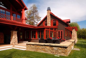 Vibrant red trim in Wyoming Western Craftsman | TMS Architects Log Cabin Exterior Paint Colors, Cabin Exterior Paint Colors, Cabin Ideas Exterior, Rustic Cabin Exterior, Cabin Paint Colors, Cabin Holiday, Log Cabin Exterior, Red Cabin, White Exterior Paint