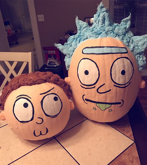 My Rick & Morty Pumpkins I painted! 😍 Rick And Morty Pumpkin, Painting Rick And Morty, Pumpkin Drawings, Disney Pumpkin Painting, Pumpkin Painting Party, Creative Pumpkin Painting, Halloween Themed Birthday Party, Pumpkin Decorating Contest, Pumpkin Canvas