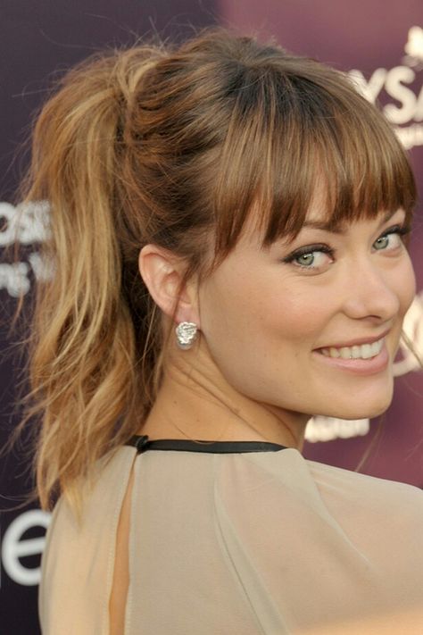 Fringe And Ponytail, Updo Hairstyles With Fringe, Fringe With Ponytail, Olivia Wilde Bangs, Ponytail With Fringe, Bangs And Ponytail, Fringe Ponytail, Olivia Wilde Hair, Bangs 2023