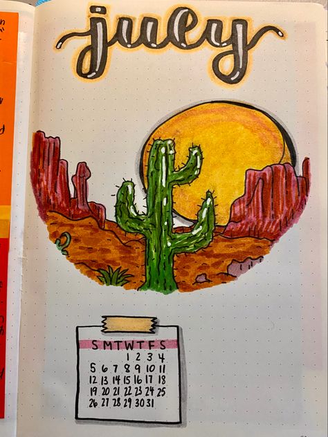 Western Journal Ideas, Desert Bujo Theme, Corner Doodles, Summer Bullet Journal Cover, Bujo Design, November Inspiration, August Bullet Journal Theme Ideas, Cactus Journal Ideas, July Bullet Journal Cover