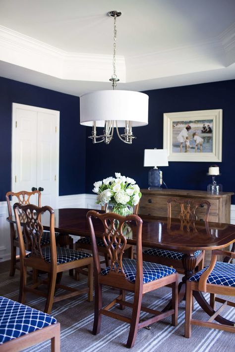 Navy Dining Room — Ivory Lane Interiors After Graduation Outfits, Blue Wallpaper Dining Room, Blue Dinning Room, Navy Dining Room, Dark Blue Dining Room, Blue Dining Room Walls, Wallpaper Dining Room, Dining Room Decor Traditional, Dining Room Navy