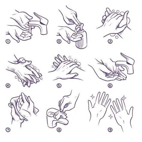 Washing hands step by step sequence instruction Vector Image Hand Structure, Hand Washing Poster, Proper Hand Washing, Foot Reflexology Massage, Shading Drawing, Perspective Sketch, Album Cover Wallpaper Collage, Human Figure Sketches, Cubist Art