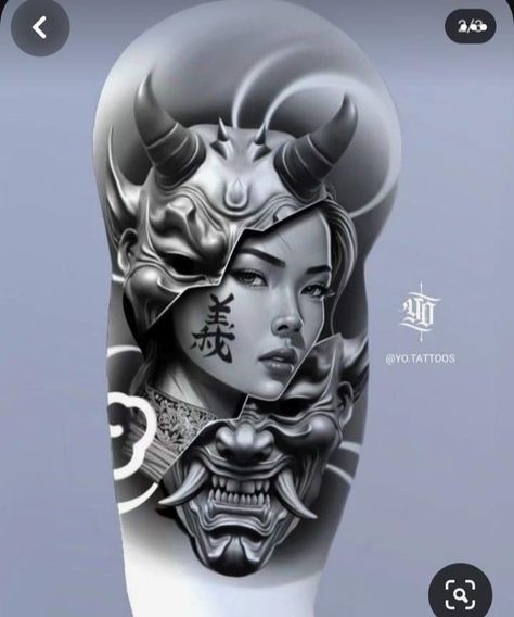 Geisha With Hannya Mask Tattoo, Japanese Tattoo Realism, Geisha Mask, Female Samurai Tattoo, Tattoo Design Japanese, Hanya Mask Tattoo, Japanese Warrior Tattoo, Tattoo With Flowers, Geisha Tattoo Design