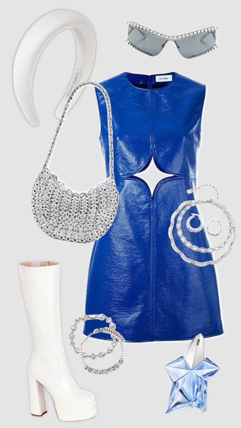 Outfit Inspo! #outfitinspo #outfit #outfitideas #style #fashion #clothes #disco #70s #70saesthetic #retro #nightout #sabrinacarpenter #blue #silver #cute #girly #feminine #fancy #trendy #fyp 70’s Aesthetic, Disco 70s, Disco Outfit, Blue Outfit, Going Out Outfits, Kpop Outfits, Cute Jewelry, Fashion Clothes, Chic Outfits