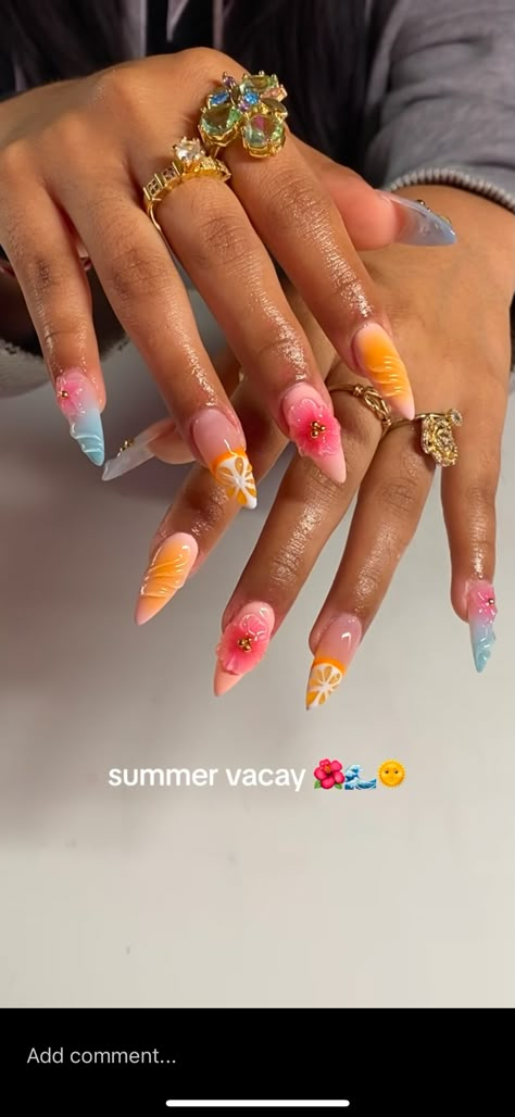 3d Fruit Nail Art, Fruit Nails Acrylic Encapsulated, Summer Nails 2024 Flowers, Funky Summer Nails 2024, Summer Nails 2024 Fruit, Elite Nails, Teen Nails, Nail Patterns, Nail Jewelry