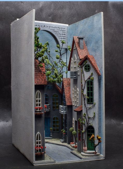 Nook Bookshelf, Bookshelf Insert, Miniature Bookshelf, European Town, Bookshelf Art, Book Sculpture, Miniature Rooms, Miniature Plants, Library Decor