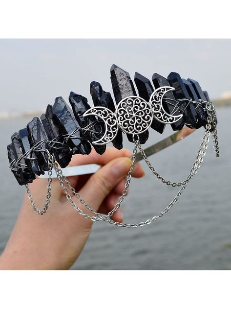 Goddess Bridal Crystal Headband Tiara Raw Quartz Hair Band Fairy Cosplay Costume Headpiece for Women Girls (black)I discovered amazing products on SHEIN.com, come check them out! Moon Crown, Fairy Cosplay, Boho Goth, Bohemian Girls, Raw Quartz, Headband Tiara, Crystal Headband, Crown Design, Boho Headband