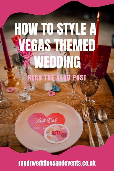 A image of a table design with pink plates and love heart place cards. Table filled with disco balls and poker chips. Old Vegas Wedding Theme, Las Vegas Themed Bridal Shower Ideas, Vegas Wedding Decorations, Vegas Wedding Decor, Vegas Themed Wedding Reception, Las Vegas Wedding Decor, Vegas Theme Wedding, Retro Vegas Wedding, Vegas Wedding Party