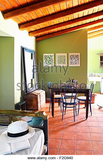 Dining area with terracotta floor tiles and green walls - Stock Photo Terracotta Dining Room, Ceiling Blinds, Beige Floor Tile, Dining Room Wall Color, Lime Green Walls, Terracotta Floor Tiles, Best Flooring For Kitchen, Spanish Home Decor, Painting Tile Floors