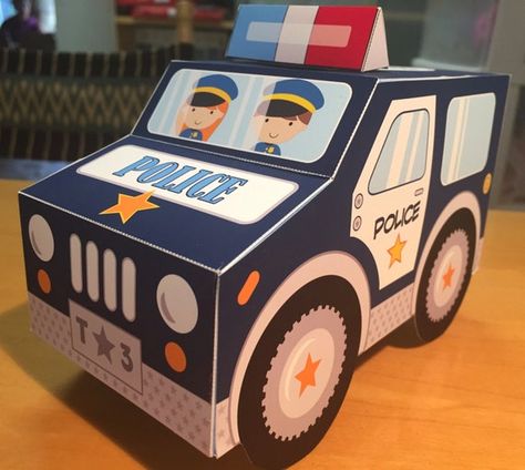 Police car favor box centerpiece decoration / police party favors / police birthday printable favor box / navy blue police car toy Police Party Favors, Policeman Birthday Party, Police Theme Party, Police Birthday Party, Car Box, Box Centerpiece, Police Party, Police Birthday, Favor Boxes Birthday