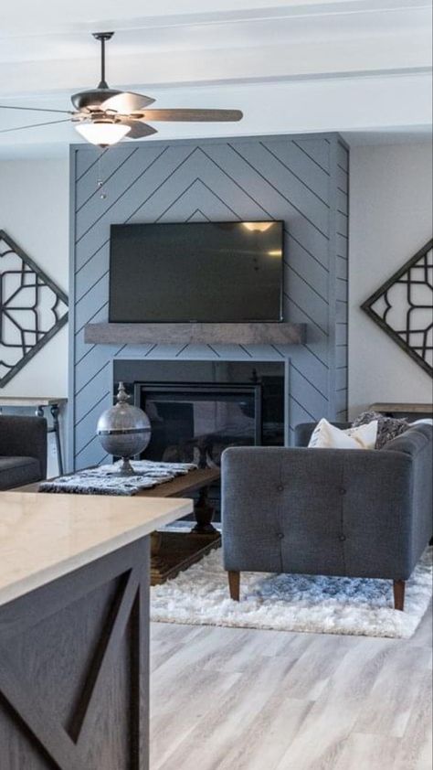 Shiplap Fireplace Herringbone, Navy Shiplap Fireplace Wall, Chevron Tv Wall, Wood Fireplace With Tv Above, Ideas For Accent Walls In Living Room, Feature Fireplace Wall Ideas, Shiplap Wall Living Room With Tv, Herringbone Shiplap Fireplace, Blue Shiplap Fireplace