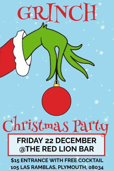 Grinch Christmas Party Poster Template | PosterMyWall Christmas Party Invitations Free, Grinch Costumes, Christmas Party Poster, Grinch Christmas Party, Grinch Party, Festive Drinks, 22 December, Christmas Party Games, Dinner Invitations