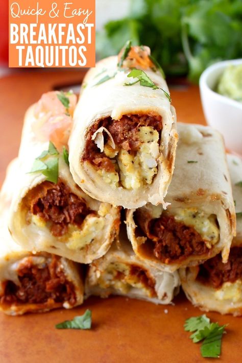 Breakfast Taquitos are the perfect easy breakfast recipe, made in less than 30 minutes with chorizo, or soyrizo for vegetarians, scrambled eggs & pepper jack cheese! Chorizo Recipes Breakfast, Breakfast Taquitos, Chorizo Breakfast, Taquitos Recipe, Easy Taco Recipes, Easy To Make Breakfast, Easy Breakfast Recipe, Easy Brunch Recipes, Breakfast Eggs