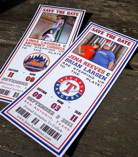 8 Ways to Plan a #Baseball Theme #Wedding... → #Wedding [ more at http://wedding.allwomenstalk.com ]  #Cards #Photo #Cufflinks #Chart #Guestbook Ticket Save The Date, Casual Wedding Invitations, Ticket Wedding Invitations, Baseball Wedding, Baseball Ticket, Sports Wedding, Themed Wedding Cakes, Baseball Theme, Ways To Show Love