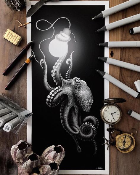 Stylo Art, Octopus Drawing, Black Canvas Art, Stippling Art, Black Paper Drawing, Charcoal Art, Pencil Art Drawings, Black And White Drawing, Art And Illustration